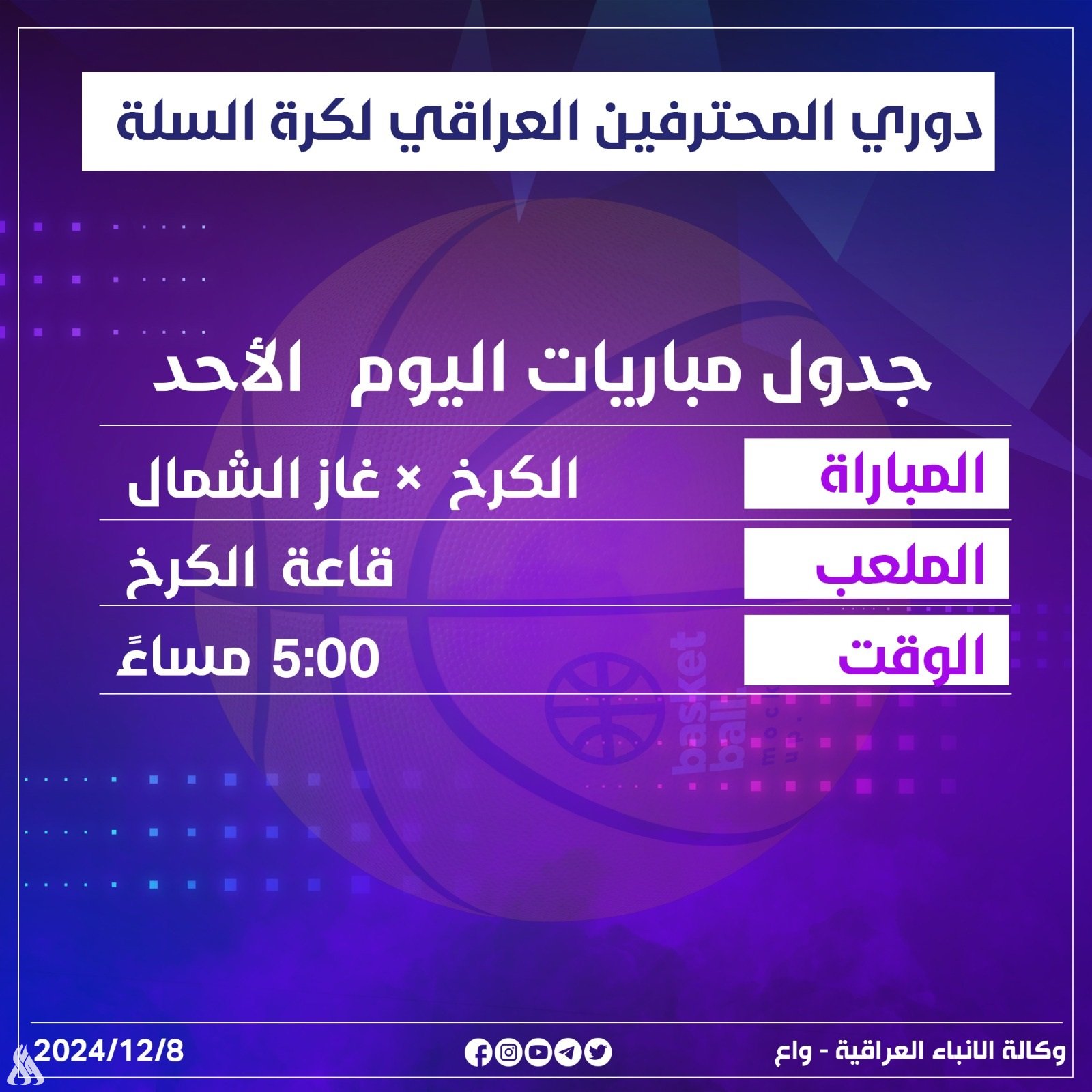 اليوم.. الكرخ يستقبل غاز الشمال في دوري سلة المحترفين