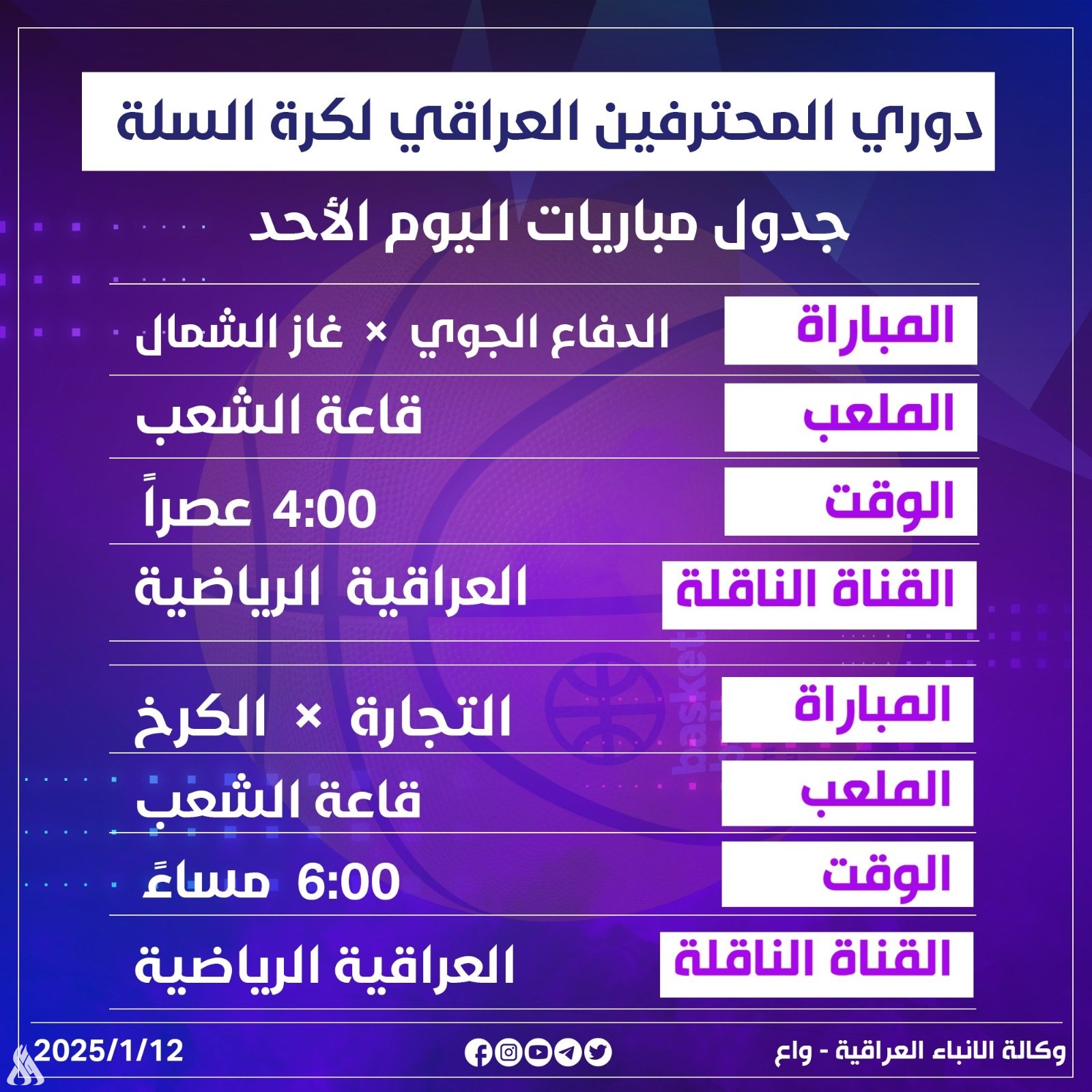 اليوم.. مواجهتان في انطلاق الجولة السابعة من سلة المحترفين